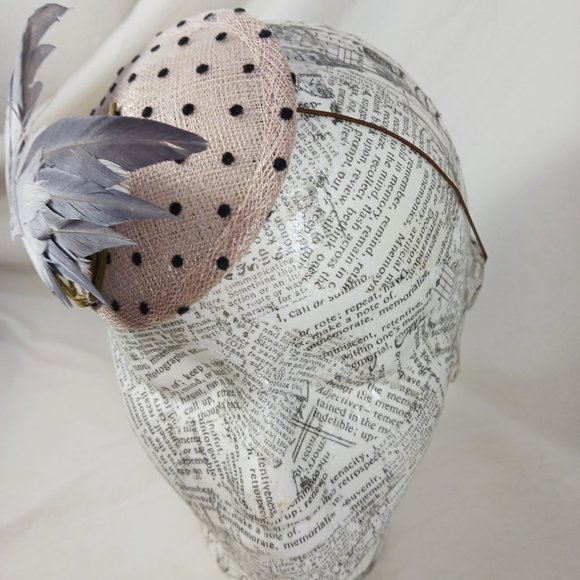Small Round Fascinator Hat with Polka Dots Gray Feather \